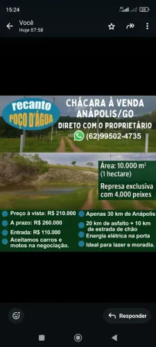 CHÁCARA A VENDA 10.000 MTS ANÁPOLIS GO COM REPRESA, SÓ DELA !DIRETO COM PROPRIETÁRIO!