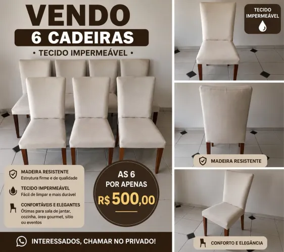 6 cadeiras madeira com tecido impermeável!