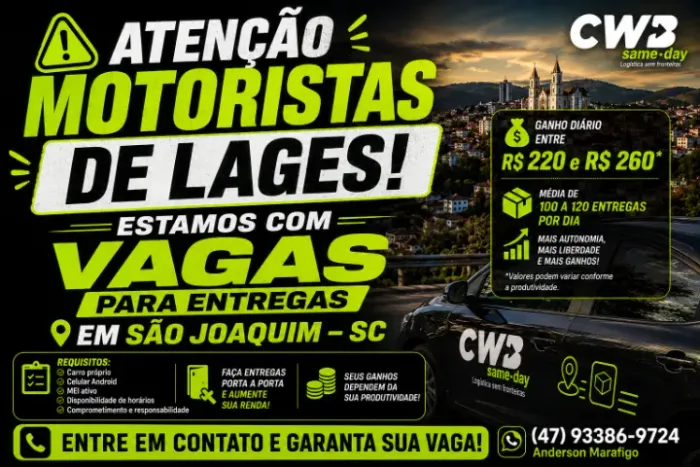 ESTAMOS AGREGANDO MOTORISTAS - ENTREGAS EM SÃO JOAQUIM/SC