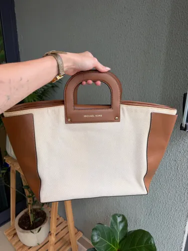 Bolsa Michael Kors Tote Canvas e Couro Caramelo Original Grande