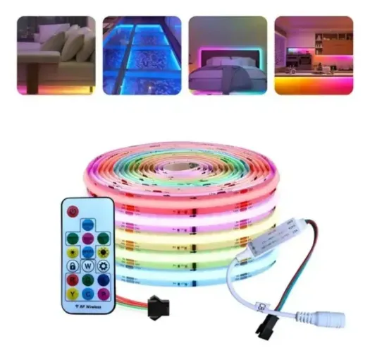 FITA LED COB RGB 630LEDS 12V 5M 18W/M + CENTRAL, CONTROLE E FONTE DE TOMADA 10A 120W