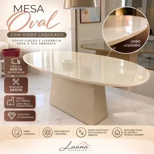 Mesa de Jantar Oval com vidro Laqueado
