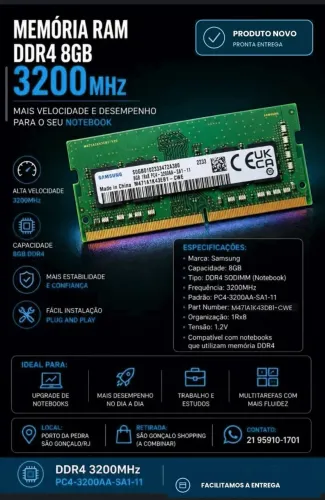 Memória RAM Samsung 8GB DDR4 3200MHz SODIMM para Notebook (Nova)<br>