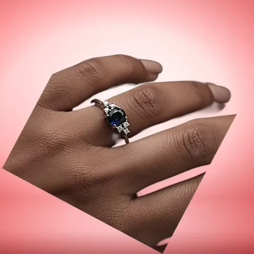 Anel de Ouro Branco Rodinado com Safira Azul e Diamantes Translúcidos