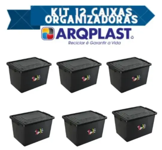 Kit 12 Caixas Organizadoras C/ Tampa E Trava 56 Litros Preta