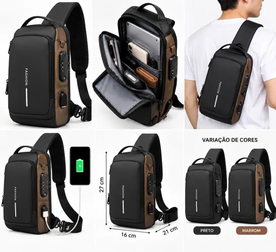 Mochila Shoulder Bag Fashion Transversal Antifurto com Cadeado USB