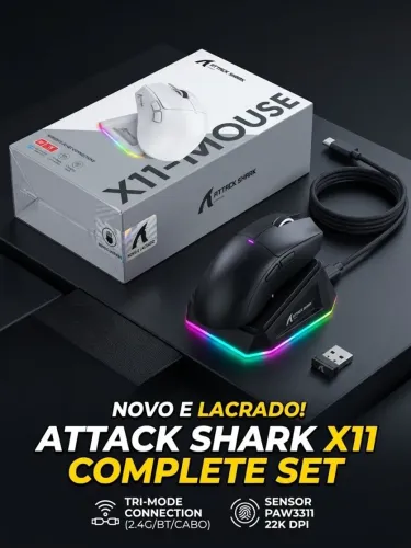 Mouse Gamer Attack Shark X11 - Ultra Leve, Tri-Mode (2.4G/BT/Cabo)