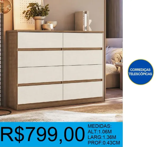CÔMODA 8 GAVETAS PRONTA ENTREGA - MONTAGEM GRATUITA