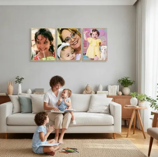 Kit de 3 quadros decorat. personalizados de madeira pinus com adesivo. Mande suas fotos.