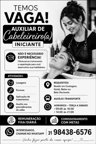 AUXILIAR DE CABELEIREIRO - INICIANTE- REMUNERAÇÃO FIXA