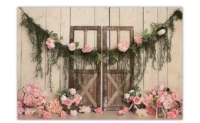Fundo Fotográfico Rústico Porta De Celeiro Com Flores Rosas
