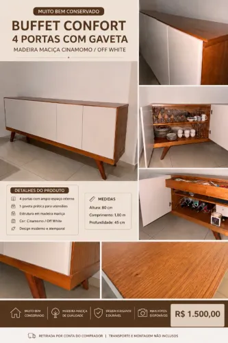 Buffet Confort 1,80m em Madeira Maciça Cinamomo/Off White - Excelente Estado