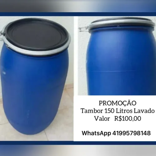 Tambor plástico 150 litros, bombona lavada, com tapa e trava 