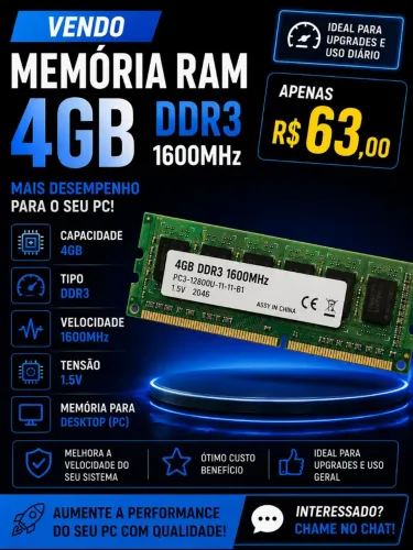 Memoria RAM DDR3 4Gb 1600Mhz para desktop
