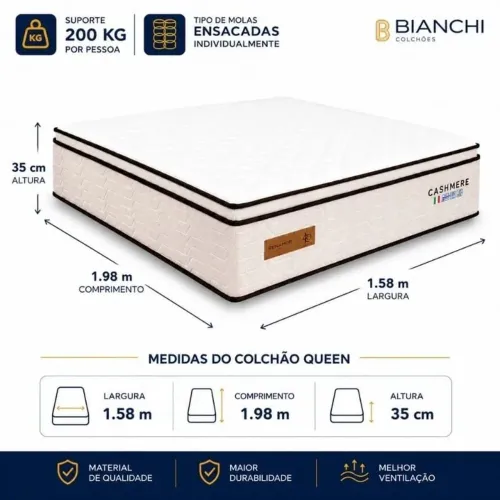 Colchão Queen Molas Ensacadas Cashmere Prime Bianchi 158x198x35 cm | Suporta até 400kg