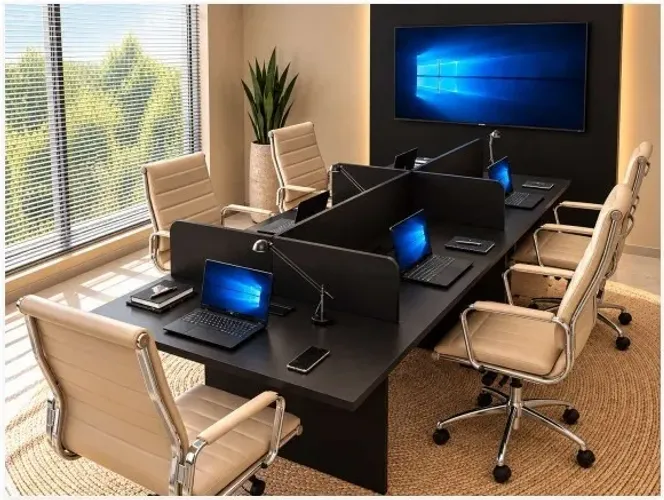 Estação Top Black Office Com Painel. Alto Padrão. 5 Caixas de Tomadas: L270cm x P130cm x A
