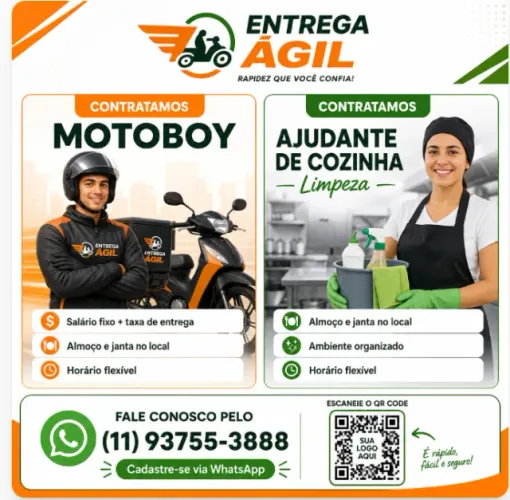 Estamos Contratando! Motoboy e Auxiliar de Limpeza