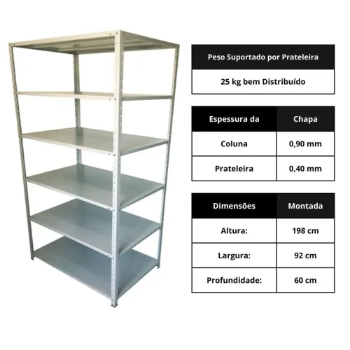 Estante 60 cm Profundidade 198X92X60 cm 25kg por prateleira