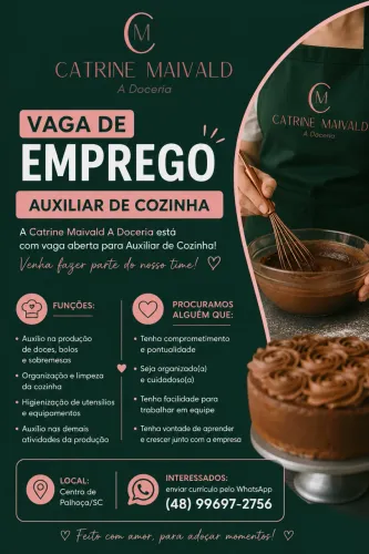 VAGA DE EMPREGO - AUXILIAR DE COZINHA | A DOCERIA