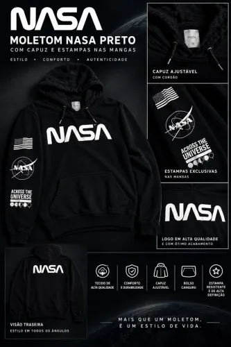 Moletom NASA Preto com Capuz e Estampas nas Mangas - Tam. M