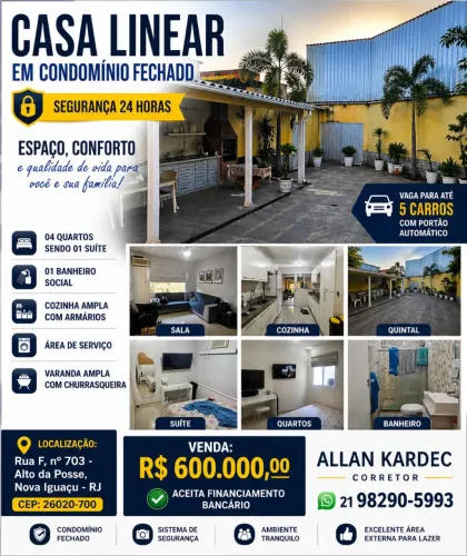 Vendo casa linear 04 quartos, cond fechado. Bairro: Alto da Posse, Nova Iguaçu/RJ