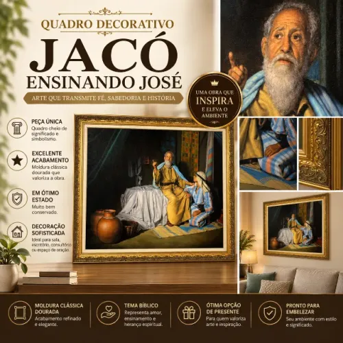 Quadro de Parede Decorativo Jacó Ensinando José Moldura Dourada Grande Luxo