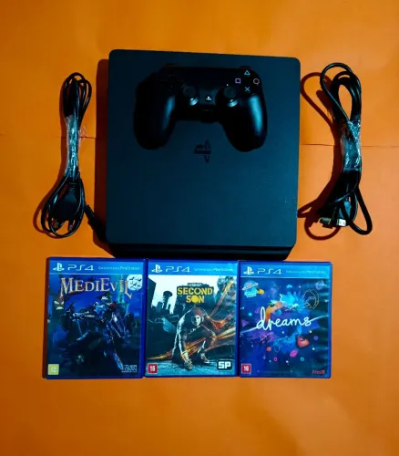 PS4 SLIM 500GB DE MEMÓRIA + 1 CONTROLE E 3 JOGOS FÍSICOS e 5 digitais 