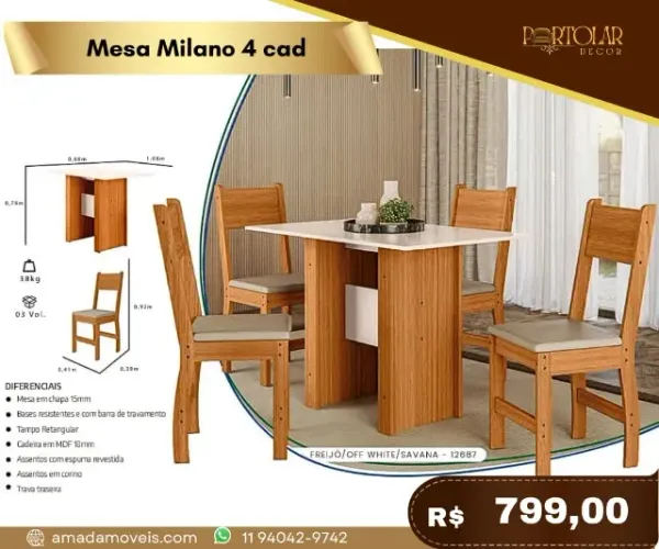 Mesa Milano 4 cadeiras a pronta entrega