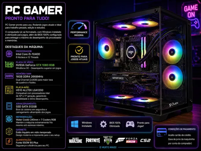 PC Gamer Aquário: i5 10th | GTX 1060 6GB | 16GB RAM | SSD 512GB | Water Cooler
