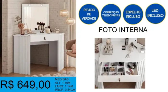 Penteadeira com ripado e espelho + led - design elegante