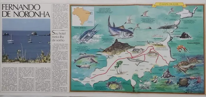 Fernando de Noronha - Mapa/pôster antigo de turismo com ilustrações