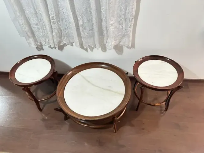 Mesa Central e Lateral Giuseppe Scapinelli Maracanã - Madeira Maciça e Mármore - Anos 50