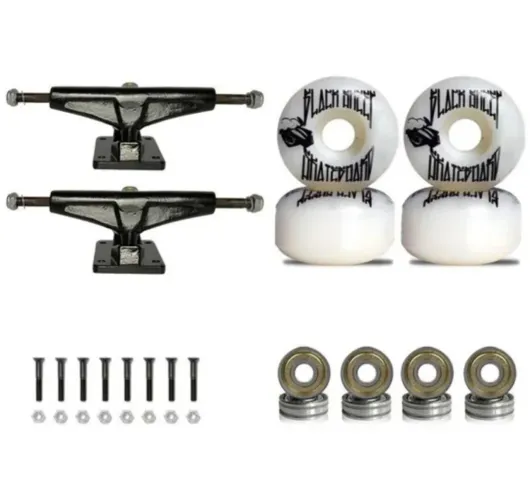 Truck Skate 139mm + Roda Black Sheep 51mm + ABEC5 + Parafuso - Preto+Branco