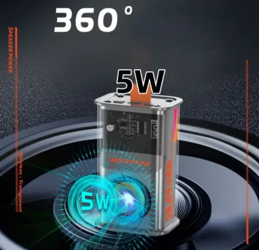 Caixa de Som Bluetooth 5W 360° - Wireless e Transparente