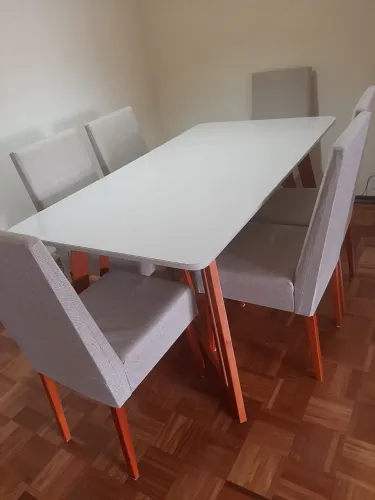 Mesa de jantar Madeira Maciça tampo com vidro 6 cadeiras Linho Off White 0,90X1,60