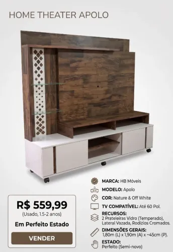 Painel / Home Theater Apolo HB Móveis (Até 60") - Perfeito Estado