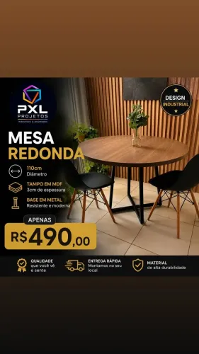 Mesa Redonda 110cm - Tampo MDF com Base em Metal