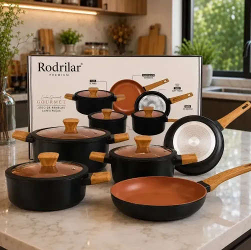 Jogo de Panelas Antiaderente Gourmet em Cerâmica Indução Gás Premium 5 Peças
