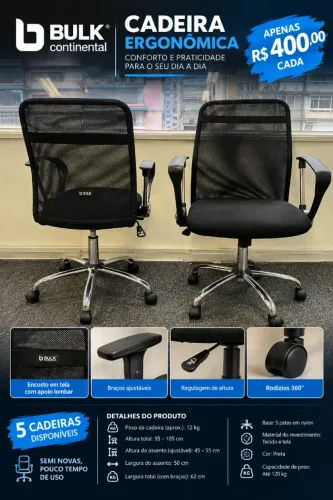 CADEIRAS ERGONÔMICAS BULK CONTINENTAL À VENDA - 5 unidades disponíveis | Semi novas