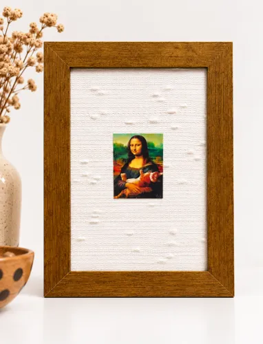 Quadro Decorativo Mona Lisa com Gato Releitura Divertida Moldura Madeira 16x21