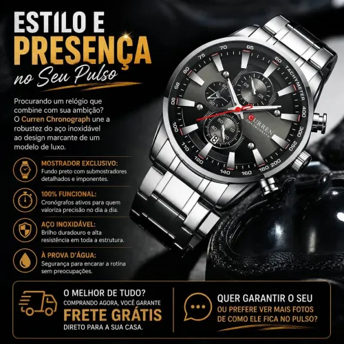Relógio curren todo funcional mostrados preto super elegante e sostificado