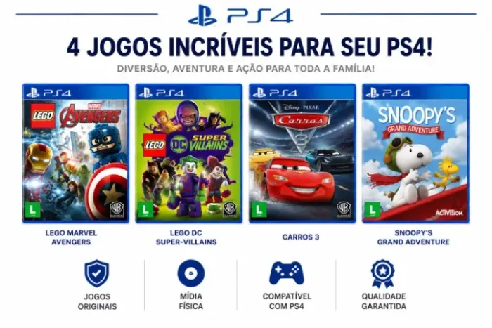 PlayStation 4 Pacote 4 Jogos: LEGO Marvel + LEGO DC + Carros 3 + Snoopy | PS4