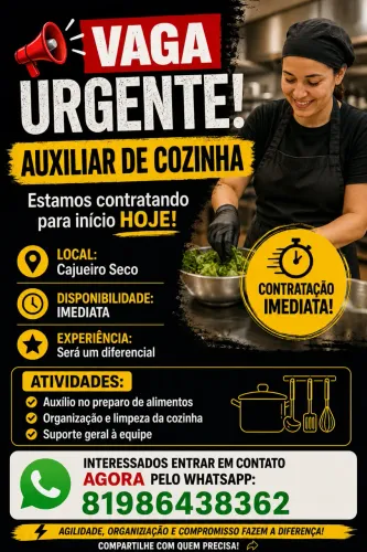 VAGA URGENTE  AUXILIAR DE COZINHA início HOJE!