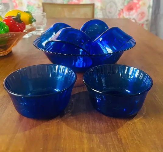 Conjunto tigela redonda e 6 doceiras azul corolex