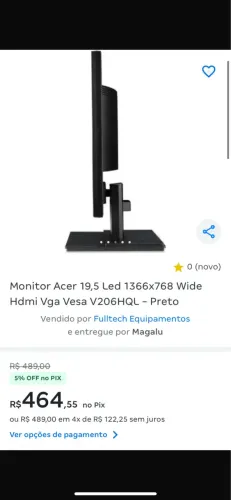 Vendo Monitor Acer 19,5 Led 1366x768 Wide 60HZ  Hdmi Vga Vesa V206HQL - Preto 