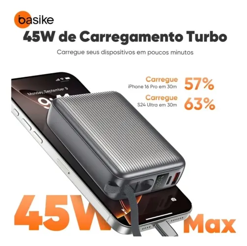 Power Bank Basike 20.000mah 45w portátil - 3 saídas com cabo embutido USB-C
