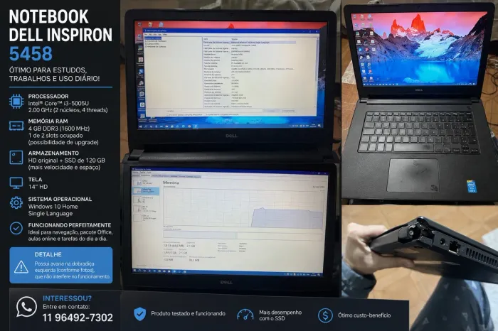 Notebook Dell Inspiron 5458 | i3 | SSD 120GB + HD | Funcionando