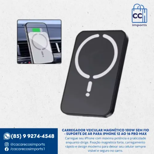 Carregador Veicular Magnético 100W Sem Fio - Suporte de Ar para iPhone 12 ao 16 Pro Max