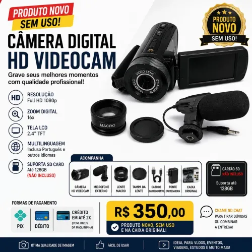 Câmera Digital HD Videocam Full 1080px