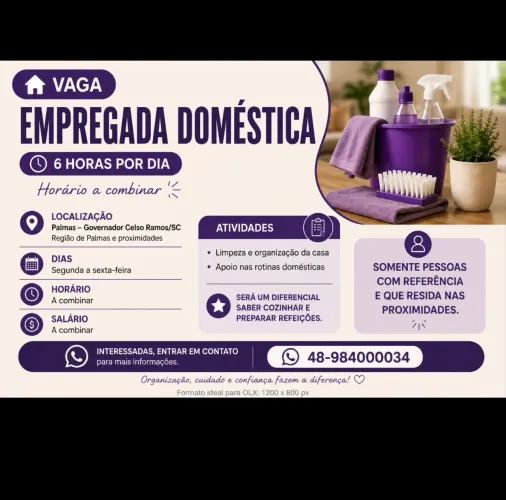 Procuro Auxiliar Doméstica - 6h por dia - Palmas/Governador Celso Ramos